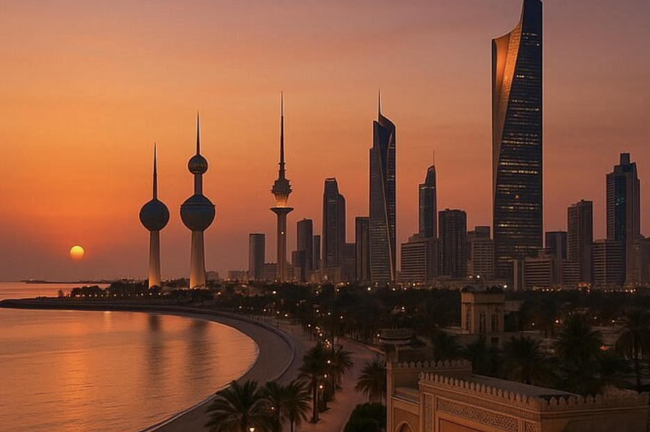 Kuwait City skyline at sunset, seen across the bay